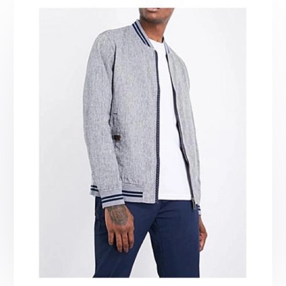 TED BAKER London Mens Striped Linen Bomber Jacket in Chambray Grey, 2 or S